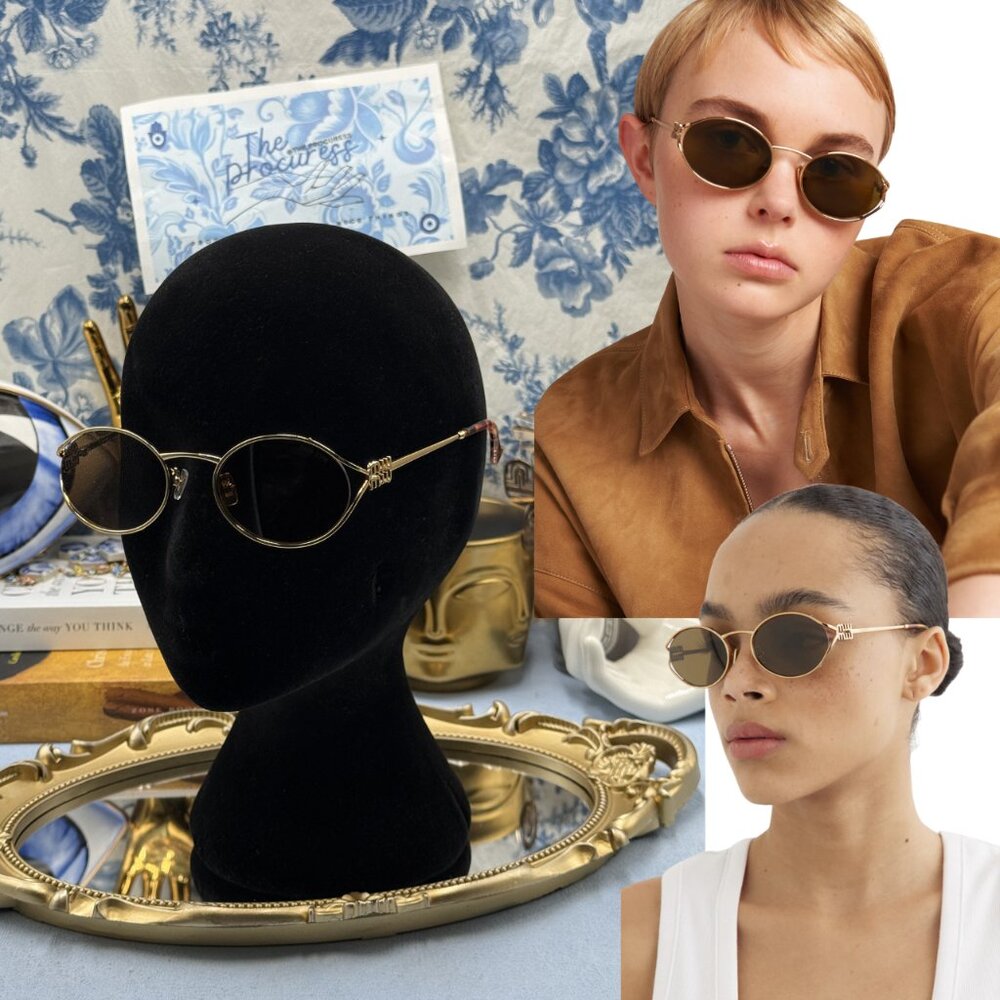 🆕 MIU MIU 🧿 NWOT SMU52Y Logo Oval Sunglass, Gold Metal Frame / Brown Lens